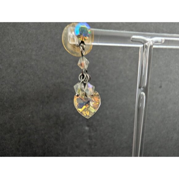 Vintage Iridescent Heart Crystal Dangle Earrings With Clear Stud Backings - Picture 3 of 4
